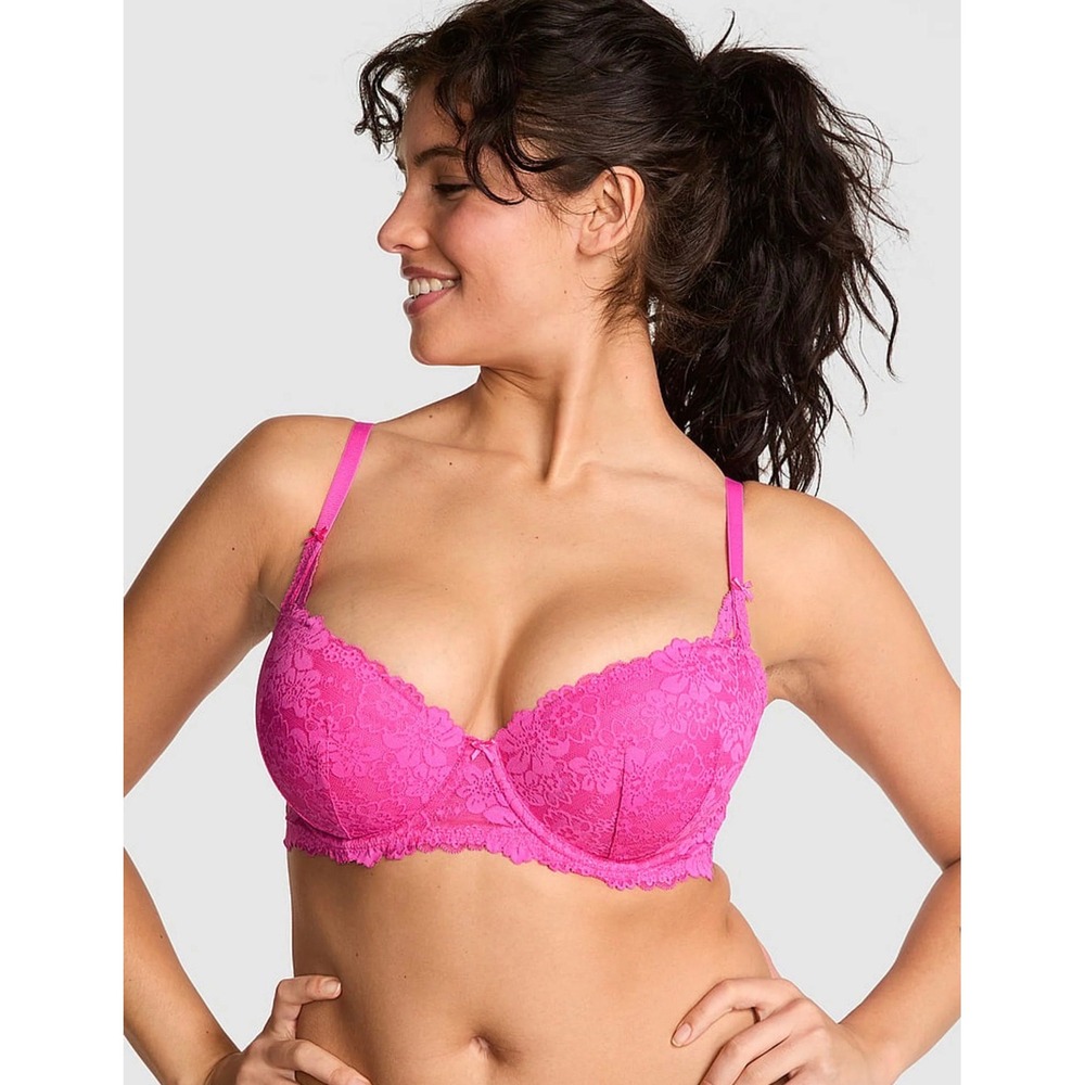 Victoria's Secret Hot Pink Floral Lace‎ Unlined Demi Bra Eyelash Trim Underwire